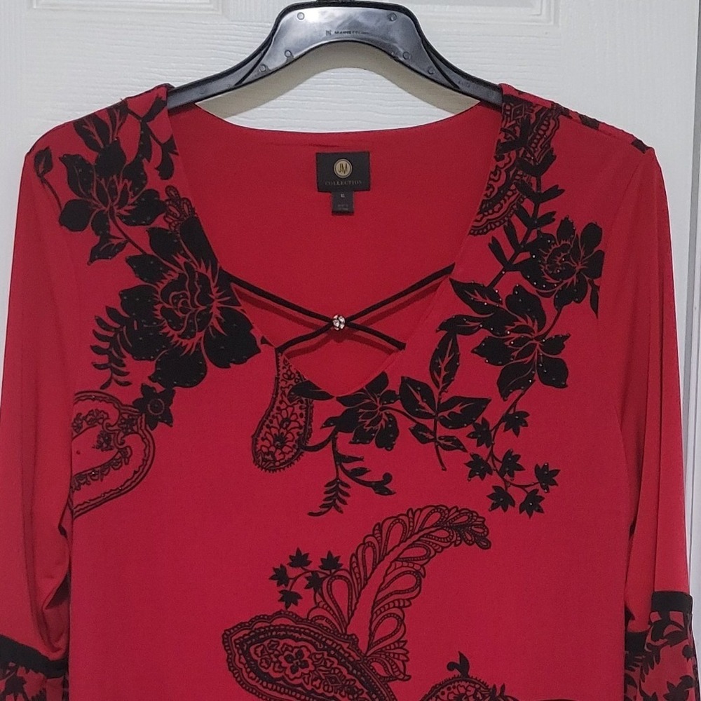 JM Collection Red Black Floral Paisley Bell Sleeve Tunic Top XL Crisscross Neck - Picture 2 of 7